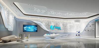 现代公司大堂 客服前台 收银台 多人沙发 办公椅 电脑 雕塑 公司前台